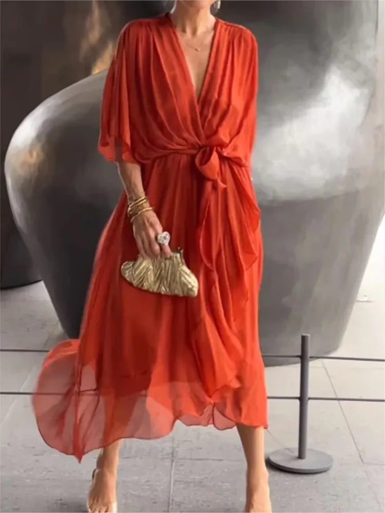 Robe Longue Femme en Mousseline de Soie avec Décolleté en V – Élégance Intemporelle