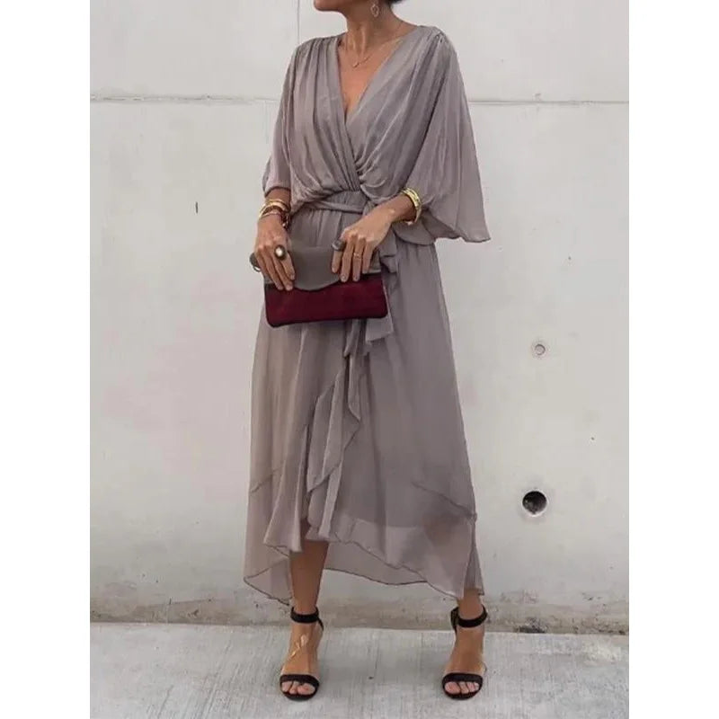 Robe Longue Femme en Mousseline de Soie avec Décolleté en V – Élégance Intemporelle