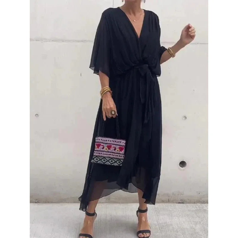Robe Longue Femme en Mousseline de Soie avec Décolleté en V – Élégance Intemporelle