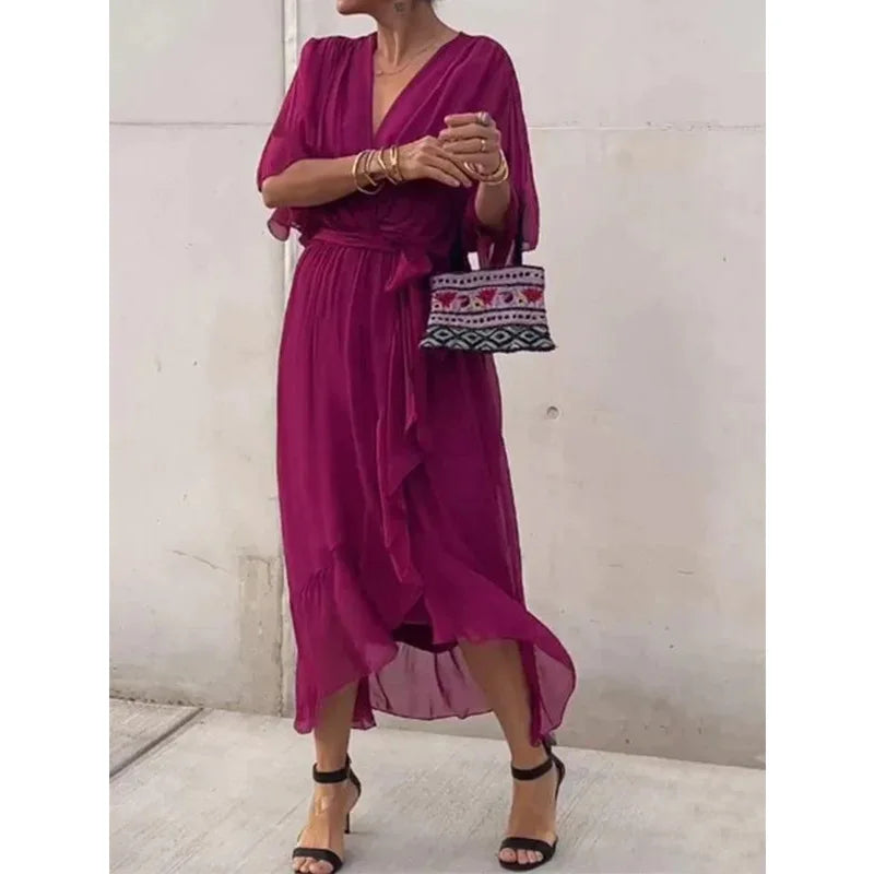 Robe Longue Femme en Mousseline de Soie avec Décolleté en V – Élégance Intemporelle