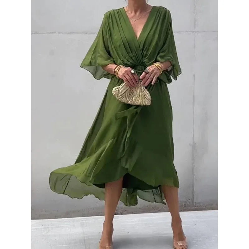 Robe Longue Femme en Mousseline de Soie avec Décolleté en V – Élégance Intemporelle